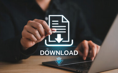 Closeup of a persons hands interacting with a digital interface, highlighting a download icon and the word download on a laptop screen, representing file transfer and online access