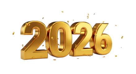 Golden 2026 with confetti, new year celebration and holiday concept
