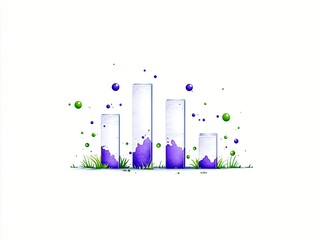 A stylized bar chart with four vertical bars of varying heights, filled with purple liquid at the bottom and surrounded by floating green and purple spheres.