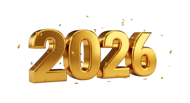 Golden 2026 with confetti, new year celebration and holiday concept