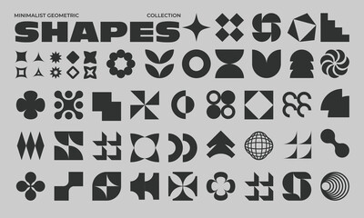 Abstract geometric icon collection with bold minimal shapes in brutalist memphis mix and subtle retro y2k tone shown as clean modern vector illustration