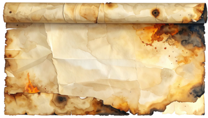Aged scroll paper texture, stained, torn, with burned edges