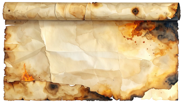 Aged scroll paper texture, stained, torn, with burned edges