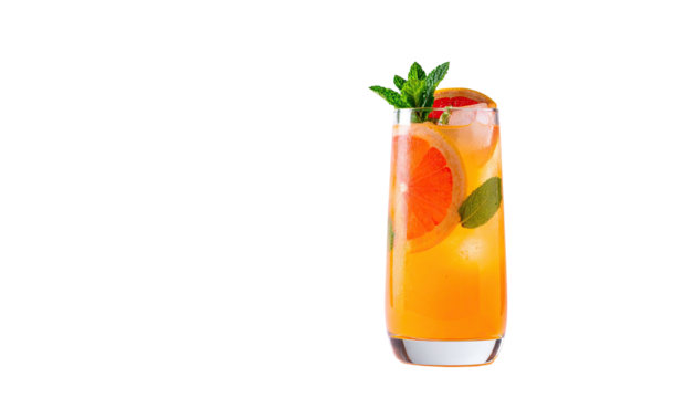 Tall grapefruit cocktail with ice, strawberry, and mint sprigs