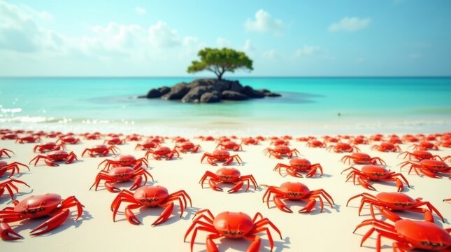 Vast swarm of red crabs on a tropical beach with a lone tree island