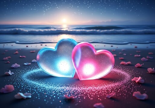 Two glowing hearts on a beach at sunset with sparkling sand