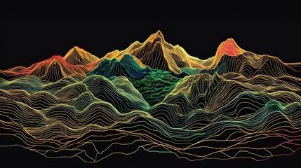Colorful line art representation of a mountainous landscape.
