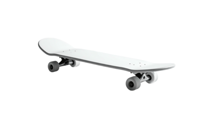 All white skateboard on a black background, side perspective
