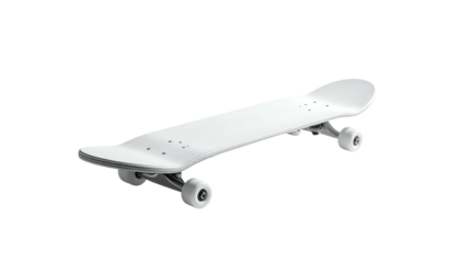 All-white skateboard angled on black background