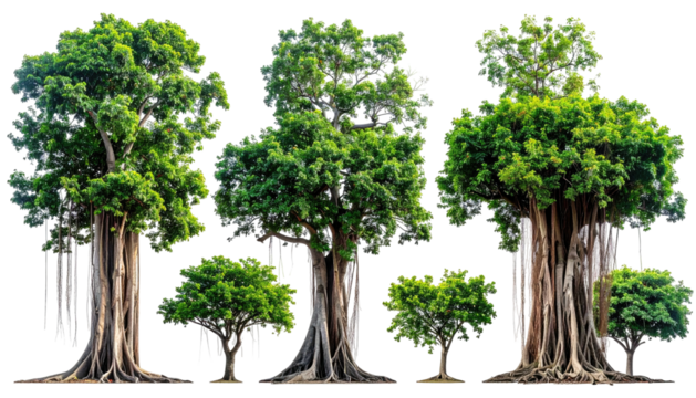 Three mature banyan trees with aerial roots, smaller trees below
