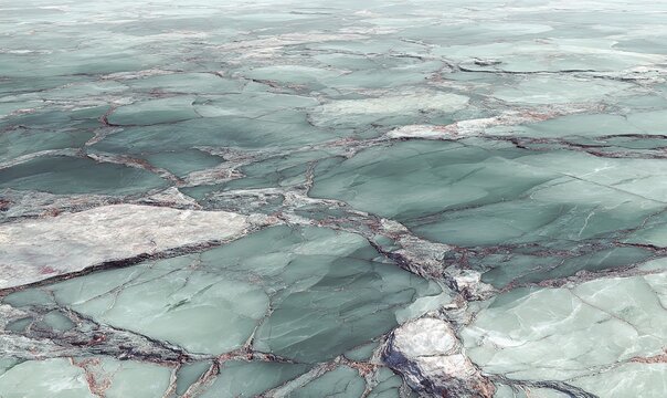 Pattern of fractured mint green ice with deep fissures