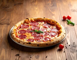 A delicious, round pizza topped with salami and cheese