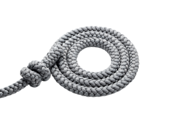 Thick gray braided rope coiled with a secure knot, perfect for nautical, industrial, or secure fastening concepts
