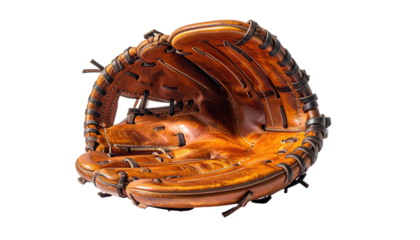 Well-worn, brown leather baseball glove open, facing forward