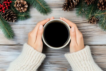 Hands in a warm sweater holding a mug of coffee on a gray wooden background with pine cones and fir branches, offering copy space
