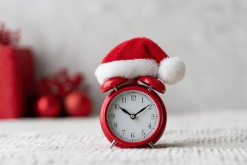 Red alarm clock wearing a Santa hat on a white knitted surface with a blurred festive background, symbolizing holiday timing