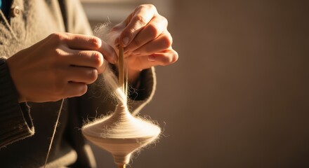 Hands spinning wool on drop spindle in sunlit room