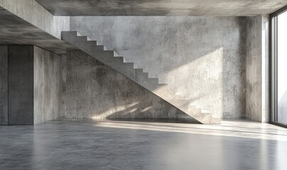 Modern minimalist concrete room, stairs, sunlit, empty.