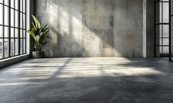 Empty modern industrial loft with concrete wall and plant