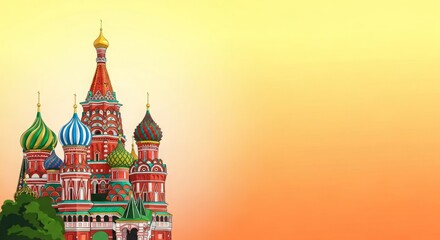 Obraz premium Saint Basil's Day, soft gradient from warm orange to pale yellow, stylized cathedral illustration on the left