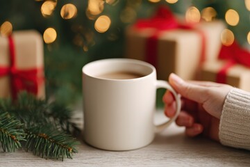 Hand holding a cozy mug of hot chocolate during holiday season with blurred Christmas gifts and lights