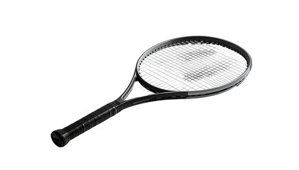 Sleek, black tennis racquet angled on black background