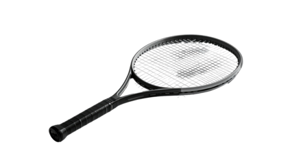 Sleek, black tennis racquet angled on black background