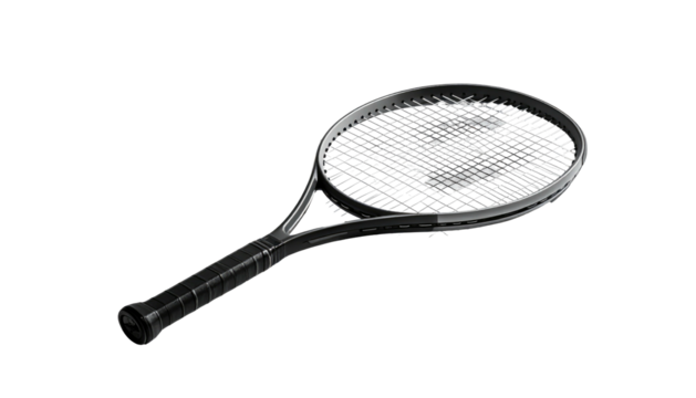 Sleek, black tennis racquet angled on black background