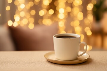 Obraz premium Coffee cup on a light table, creating a cozy and relaxing evening atmosphere with blurred warm lights
