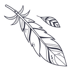 Hand drawn feather with small leaf isolated on
