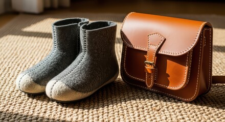Gray wool shoes and brown leather bag on textured carpet in sunlight