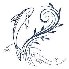 Obraz premium Fish jumping out of water with floral decoration, isolated on