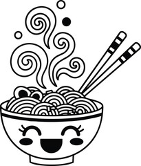Cute noodle bowl, cartoon food, smiling ramen, hot soup, chopsticks, steam swirl, kawaii illustration, Asian cuisine, playful design