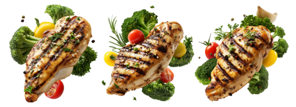 Grilled chicken breast with herbs, broccoli florets, and cherry tomatoes, isolated on white transparent background - Powered by Adobe