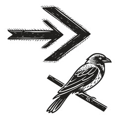 Hand drawn illustration of a bird on a branch with right pointing arrow