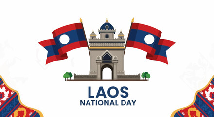 Laos National Day celebration with flags and architectural landmark vector