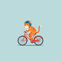 Fototapeta premium Happy orange striped cat in a blue helmet riding a bright red bicycle.
