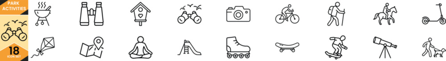 Collection of line icons for park and outdoor activities including barbecue, birdwatching, cycling, hiking, skateboarding, and more Vector