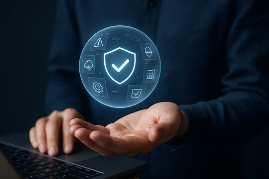 Hands holding glowing sphere of digital security and data icons
