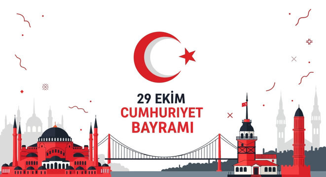 Vibrant Turkish Republic Day Celebration Banner with Istanbul Landmarks and National Symbols Vector Illustration - Powered by Adobe