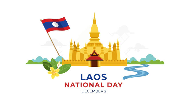 Laos National Day greeting card illustration with the golden Pha That Luang temple and waving flag on a white background