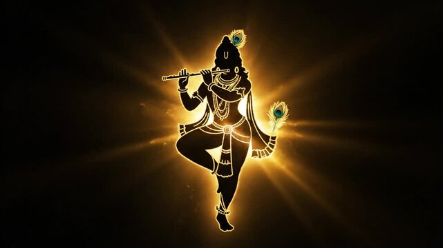 Illuminated silhouette of Lord Krishna playing flute with radiant halo effects