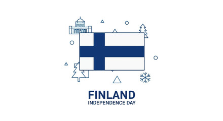Finland Independence Day celebration with flag and city landmarks illustration