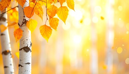 Autumn birch trees with golden leaves in sunlight.