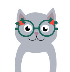 Christmas gray Cat in funny glasses with mistletoe. Vector flat illustration.