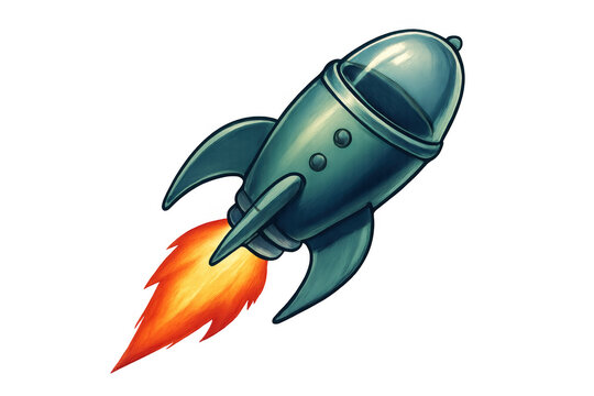 Retro rocket taking off with flames, a stylized cartoon spaceship launching into space, concept for progress and innovation