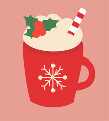Red Christmas cup with whipped cream and mistletoe, striped lollipop. Vector flat illustration.