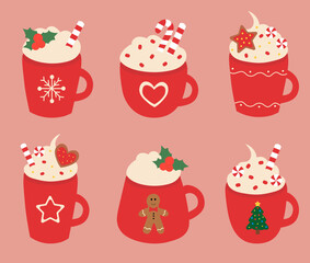 Set of Red Christmas cup with whipped cream, lollipops, gingerbread cookie, sprinkles, mistletoe. Drink element. Vector flat illustration.