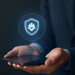 Person holding tablet with digital safety and shield icon