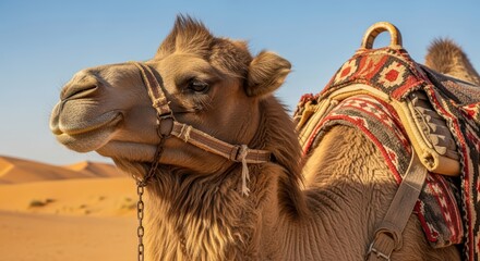 Portrait of a camel in the sahara desert with traditional saddle and clear blue sky